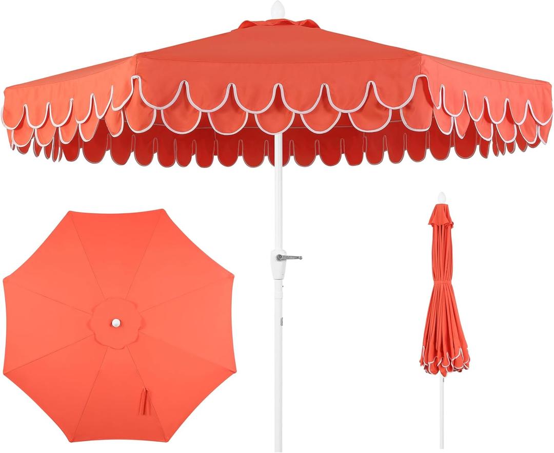 JONATHAN Y UMB1002F Tracy 9 ft. Classic MidCentury Scalloped Fringe Market Patio Umbrella with Auto-Tilt Crank, Wind Vent and UV Protection in Coral Red/White, White Pole, 107 inches diameter and 99 inches height