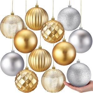 Syhood 12 Pcs 4 Inch Large Christmas Ball Ornament Christmas Tree Decoration Plastic Ornament Set Hanging Xmas Tree Ball for Xmas Holiday Wedding Party (Gold, Silver)
