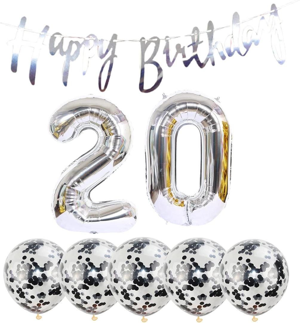 20th Birthday Decoration Happy Banner Balloons 20 Years Old Party Supplies Helium Number Latex Balloon Foil Balloon, Silver