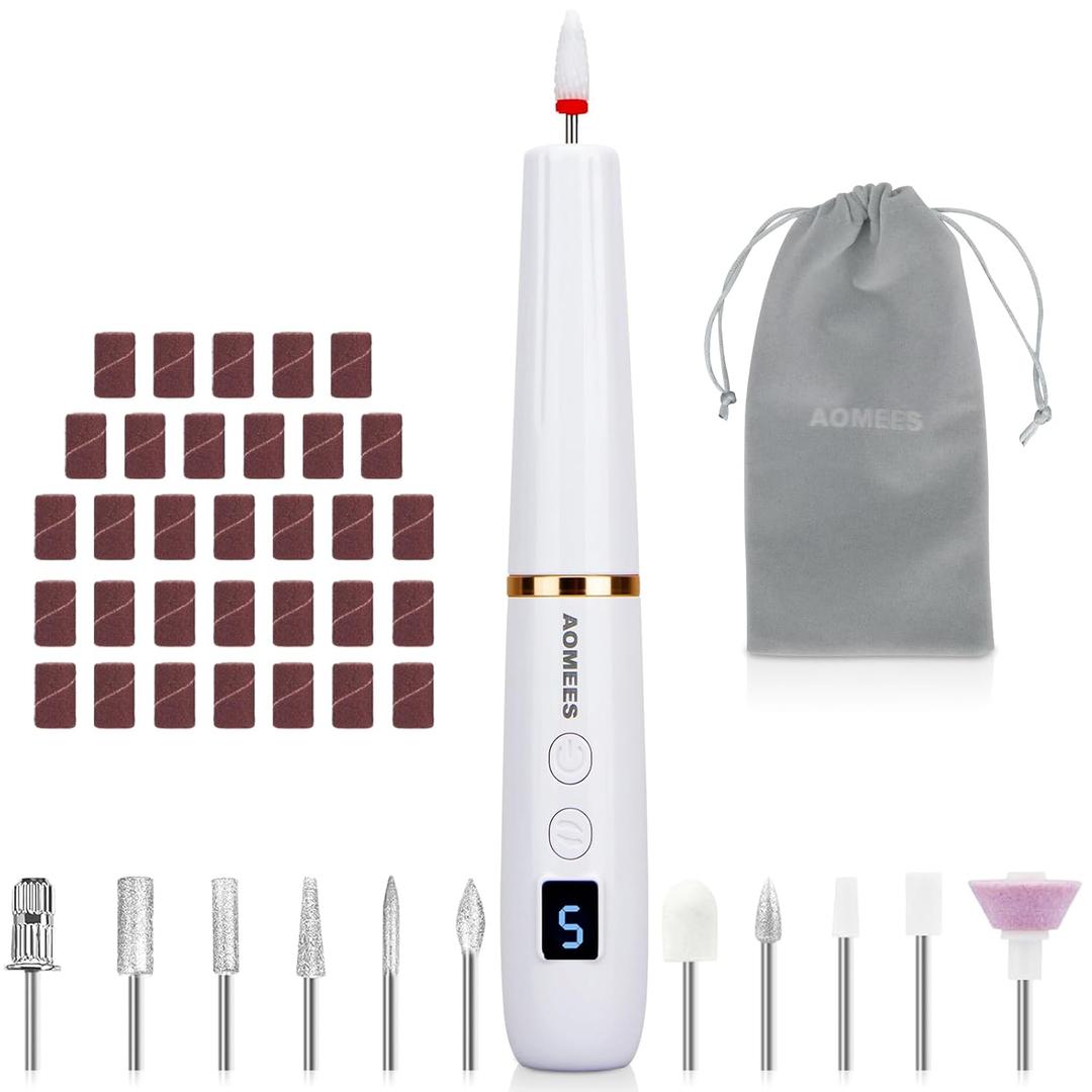 Cordless Electric Nail Drill with 360 Ring Light, Portable Nail File Kit for Acrylic, Gel Nails, Portable Home Manicure Kit for Manicure and Pedicure (White)