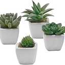 MyGift Miniature Assorted Artificial Green Faux Succulent Plants Potted in Square White Ceramic Planter Pots, Set of 4