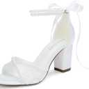 Lace Wedding Shoes for Bride Pearl Heels Bridal Shoes Block Heel Wedding Sandals, Size: 8