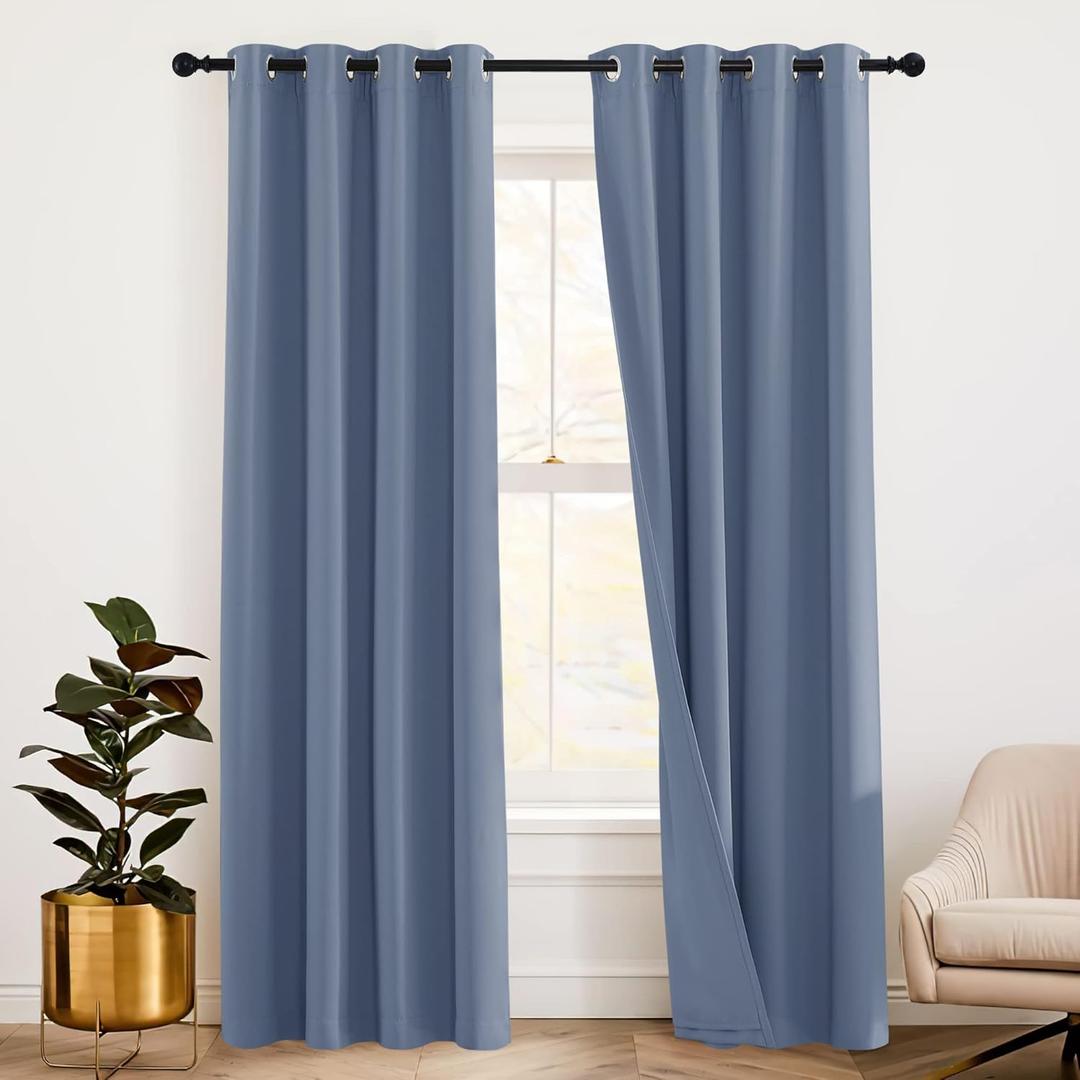 RYB HOME Thermal Curtains Soundproof - 3-in-1 Drapes Noise Barrier - 100% Blackout - Energy Efficient Window Curtains for Bedroom Nursery Home Theatre, 52 x 84 inch Long, Stone Blue, 2 Pcs