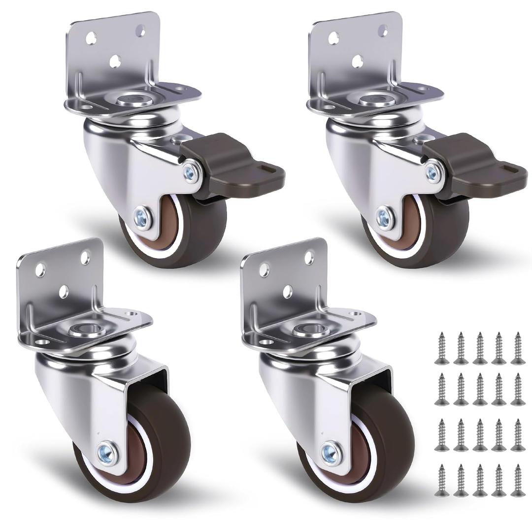 4Pcs 1.5" Swivel L-Bracket Caster Wheels, Small Heavy Duty Side Mount L-Shaped Plate Casters, Silent Rubber Wheels for Furniture, Cabinet, DIY Project, Capacity Lbs: 194Lbs (with 2 Brakes)