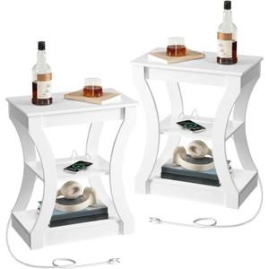 MAHANCRIS End Table Set of 2 with Charging Station, Side Table with USB Ports and Outlets, Nightstand, 3 Tier Bedside Table with Storage Shelf for Living Room, Bedroom, Small Space, White ETWT53E01S2