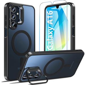 Magnetic for Samsung Galaxy A16 5G (Wisephone II) Phone Case with Stand & Screen Protector, Compatible with MagSafe, Shockproof Protective Cover Case for Samsung Galaxy A16 5G/4G (Black)