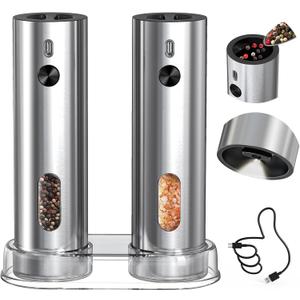 CIRCLE JOY Rechargeable Electric Salt and Pepper Grinder Set with Base, Automatic Stainless Steel Pepper Mill Grinders with 110ml Container, Adjustable Coarseness and White LED Light, Silver