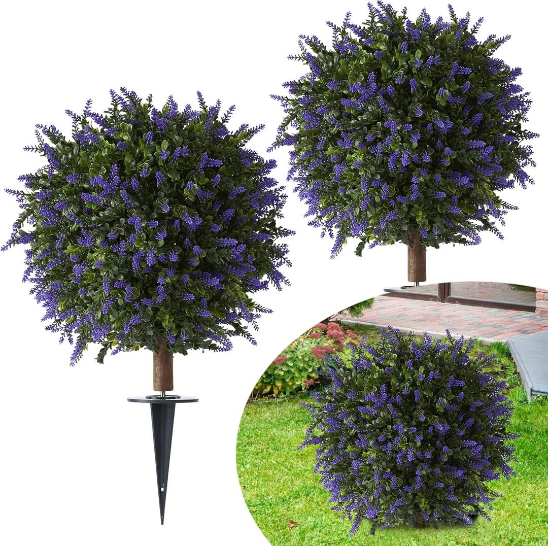 2 Pack 23.6" Artificial Flowering Topiary Tree, Realistic Fake Plants with Ground Spike, UV Resistant for Outdoor, Indoor, Porch, Garden, Patio Decor (Purple)