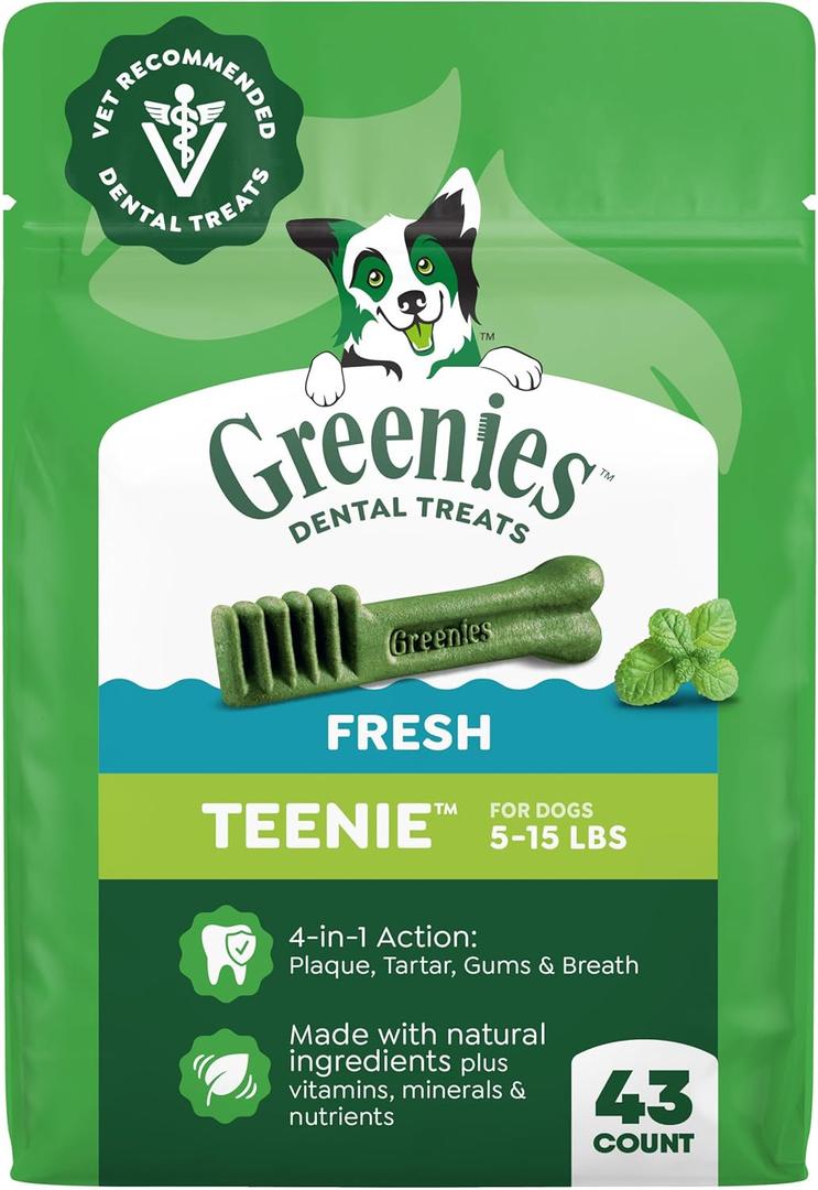 Greenies Dog Treats Veterinarian-Recommended Natural Dental Treats for Dogs, Teenie Size, Fresh Flavor, 12 oz. Pack, 43 Count