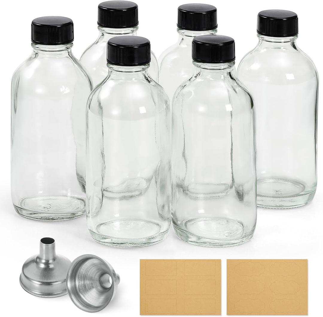 6 Pack, 4 oz Small Clear Glass Bottles with Lids & 2 Stainless Steel Funnels - 120ml Boston Sample Bottle for Potion, Juice, Wellness, Ginger Shots, Whiskey, Liquids - Mini Travel Essential Bottles