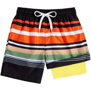 Belovecol Boys Swim Trunks with Compression Liner Size 7 Black and Orange Striped Bathing Suit Swimwear Summer Beach Sports Swim Shorts