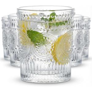 Kingrol 6 Pack SMALL 9 oz Drinking Glasses, Vintage Embossed Tumblers for Juice, Cocktails, Iced Tea