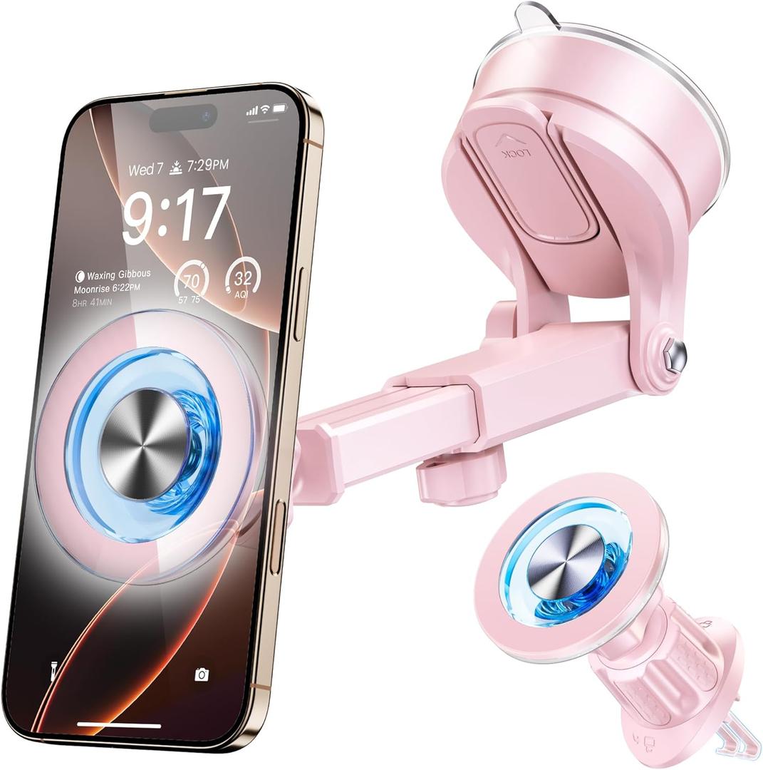 for MagSafe Magnetic Car Phone Holder [2025 Upgraded Strongest Magnet] Car Mount Suction Cell Stand for Dashboard Windshield Vent Compatible with iPhone 16/15/14/13/12/11 Android etc-Pink