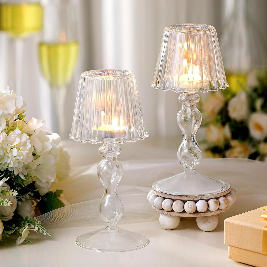 Jingmore 2 Pcs Crystal Candle Holders Lamp Shaped Crystal Tealight Candle Holders Table Centerpiece for Home Wedding Engagement Birthday Party Events Dining Table Decoration(Clear)