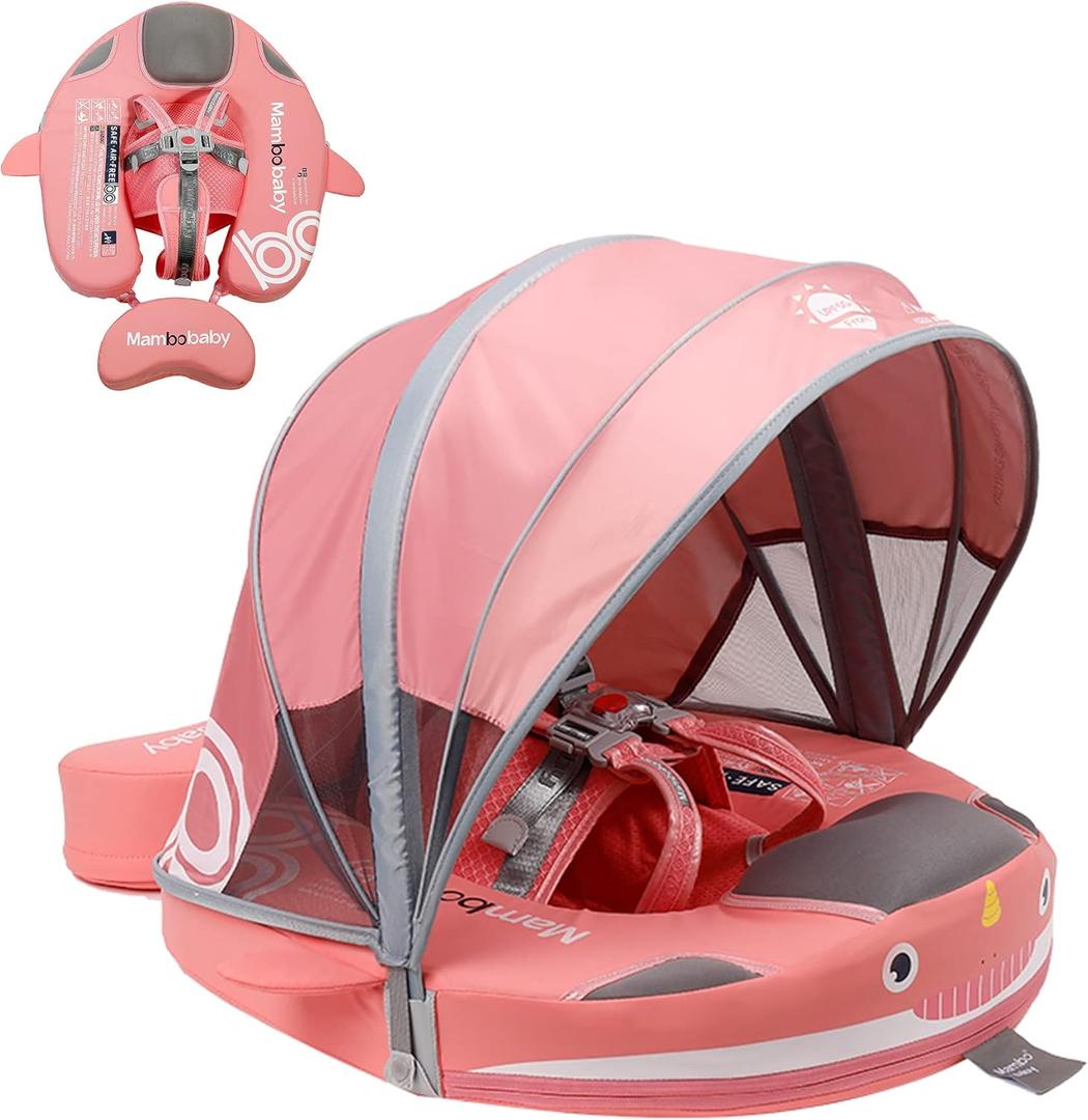 Mambobaby Floats with Canopy &Tail, Non-Inflatable Baby Float for Pool Add Tail Avoid Flip Swim Trainer Baby Floats for Toddler Boys Girls(Narwhal-Pink)
