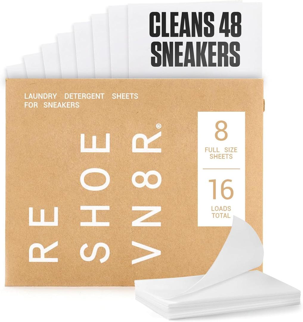 RESHOEVN8R Shoe Wash Detergent Sneaker Laundry Sheets  16 Loads, Cleans 48 Shoes  Eco-Friendly Shoe Cleaner for Washer  Safe on All Shoes, Laces and Other Shoe Materials