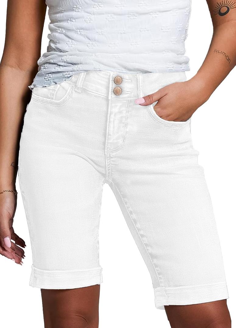 Sidefeel Women's Jean Shorts High Waisted Stretchy Bermuda Folded Hem Denim Summer Shorts (White, M) Size: 10