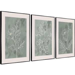 3Pcs Sage Green Botanical Wall Art Line Drawing Floral Canvas Poster Prints Modern Abstract Minimalist Picture Neutral Boho Artwork Simple Painting Wall Decor for Living Room Bedroom 12x16in Unframed