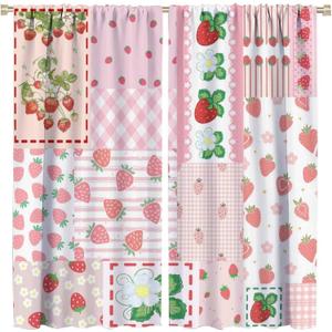 Brebasf Pink Art Modern Strawberry Blackout Curtains for Living Room, Watercolor Spring Garden Florals Tropical Fruit Strawberry Room Darkening Window Curtains with Rod Pocket - 2 Panels 45"L x 21"W