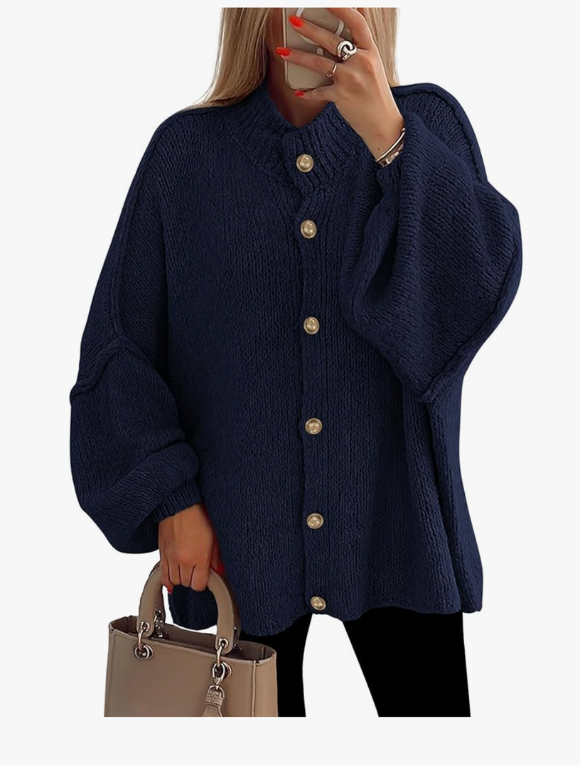 PRETTYGARDEN Women's Winter Button Down Cardigan Sweaters Mock Neck Lantern Long Sleeve Chunky Knit Jacket Trendy Outerwear
, Size -XL