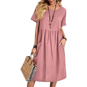utcoco Womens Summer Cotton Linen T Shirt Dress Casual Loose Fit Crewneck Short Sleeve Midi Dresses with Pockets Size XXL
