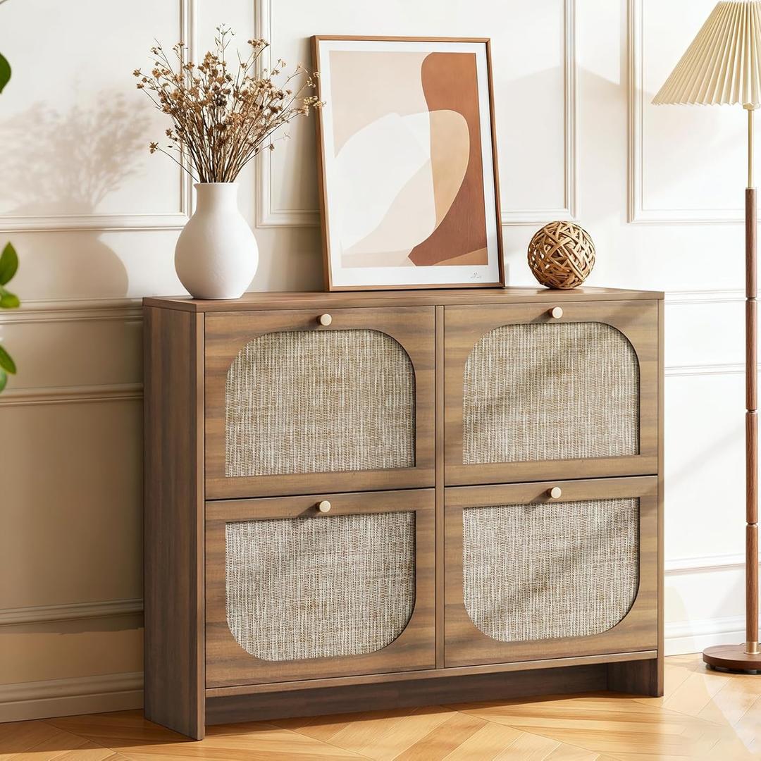 Nicetree Rattan Arched Accent Shoe Storage Cabinet - Freestanding Ultra Slim for Entryway, 4 Flip Drawers & 3-Tier Adjustable Shelves, Farmhouse Modern Rustic Shoe Rack for Hallway, Foyer, Living Room (Smoked Oak)