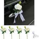 4PCS Car Wedding Decorations Set White Rose Satin Bridal Vehicle Door Handle Ornaments Just Married Car Accessories Reusable Decor