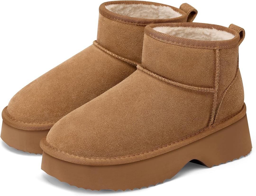 TEMOFON Snow Ankle Boots for Women: Genuine Suede Leather Platform Winter Fur Boots Waterproof Comfortable Warm Anti-Slip Memory Foam Outdoor Booties