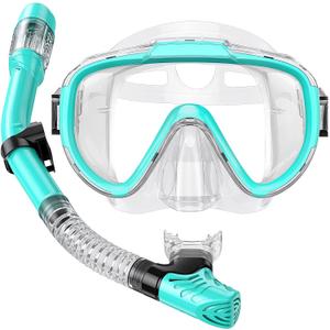 Snorkel Set Adults Snorkeling Gear Anti-Fog Panoramic View Swim Mask Dry Top Snorkel Kit with Carry Bag for Snorkeling Scuba Diving Swimming Travel (A-Green+Transparent)