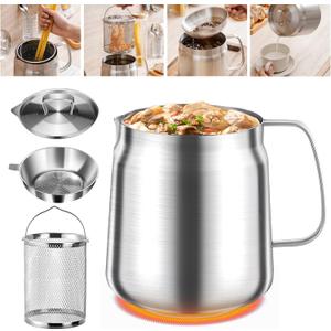 68oz 304 Stainless Steel Oil Filter Pot, Bacon Grease Container with Strainer & Deep Fryer Basket, Heavy Duty Kitchen Cooking Oil Lard Fat Saver, Pasta Vegetable Pot for One, Kitchen Gadgets (2L)