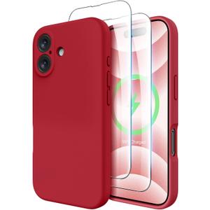 OTOFLY Compatible with iPhone 16 Case, Compatible with MagSafe, Shockproof Magnetic Silicone Case for iPhone 16,[Military Grade Protection] [2 Pack Screen Protectors], Red