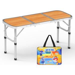 AO LI GEI Folding Camping Table Small with Storage Bag,Adjustable Height Portable Picnic Table,Upgraded Thickening Lightweight Outdoor Table Aluminum Legs (Brown:15.7"x35.4", 2 Height:9.8"/19.7")