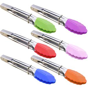 Small Tongs with Silicone Tips 7-Inch Mini Serving Tongs, Set of 6 (Green Red Blue Purple Pink Orange)