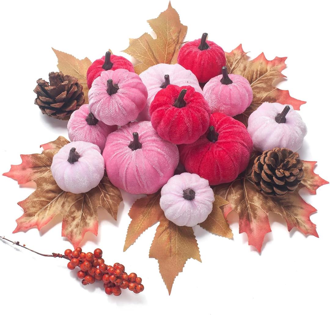 21 PCS Pink Pumpkins Set for Thanksgiving Decor, 3 Sizes Fake Velvet Pumpkin Mini Foam Pumpkin for Thanksgiving Farmhouse Fall Harvest Decorations Halloween Party Autumn Table Centerpiece