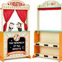labebe - Deluxe Wooden Puppet Theater Bonus 2 Hand Puppet, 2-in-1 Clock Theater Reversible Play Store, Double-Sided Lemonade Stand, Puppet Show Theater Toy with Chalkboard for Kids 36M+