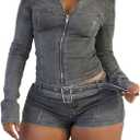 Denim Outfits for Women 2 Piece Casual Long Sleeve Zip Up Cropped Jacket Skinny Jean Shorts Set with Belt, Size XL