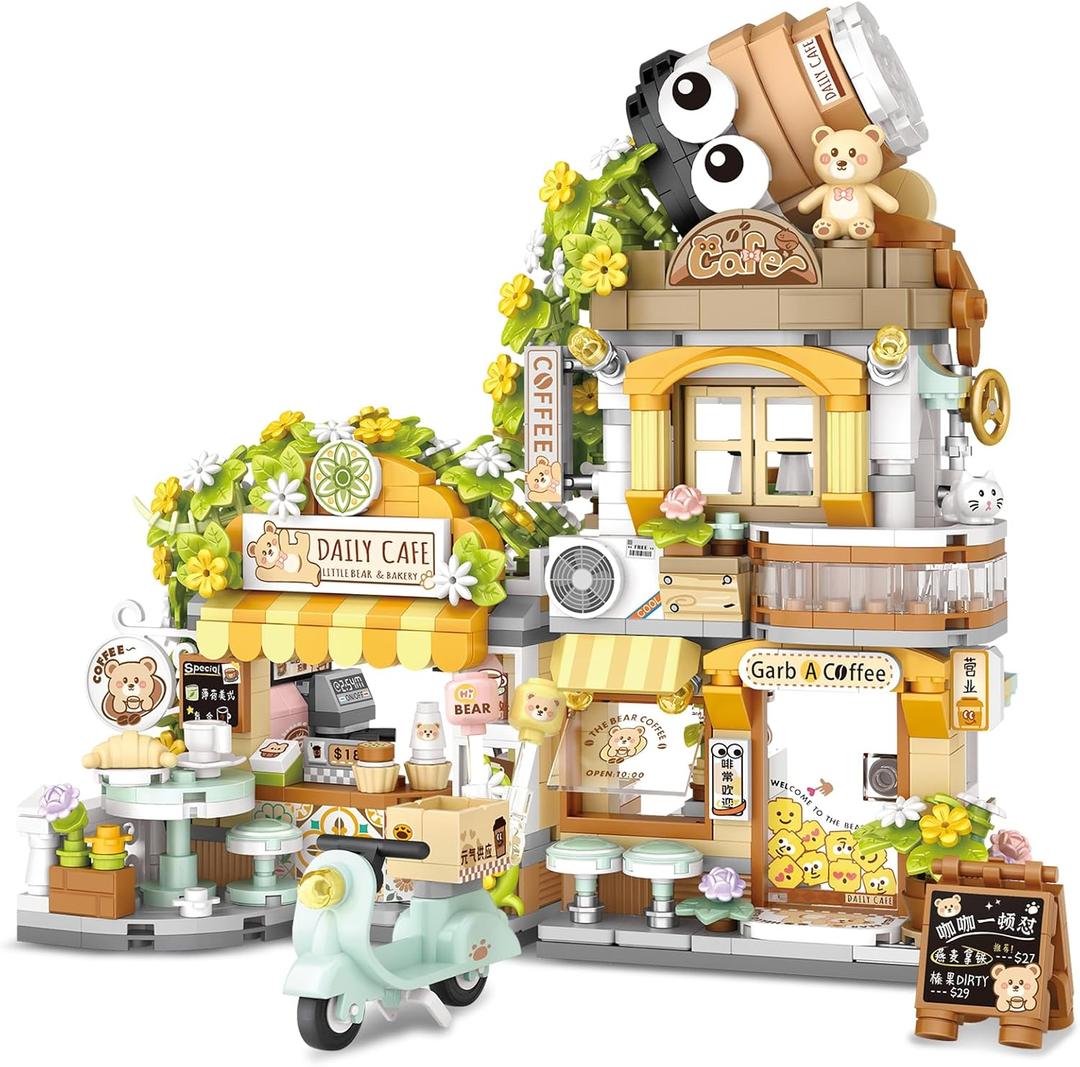 Street View Coffee Shop Mini Building Blocks, MOC Creative Building Toys Cute Animals Building Set for Girls 6-12, Simulation Architecture Construction Toy, Gift Idea for Kids Adults (1077 PCS)