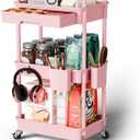 Sorgion 3 Tier Rolling Cart Organizer,Laundry Room Bathroom Organizers and Storage Office Shelves Mobile Shelving Unit Kitchen Trolley Cart with Wheels for Art,Craft,Diaper,Bedside,Snack(Pink)