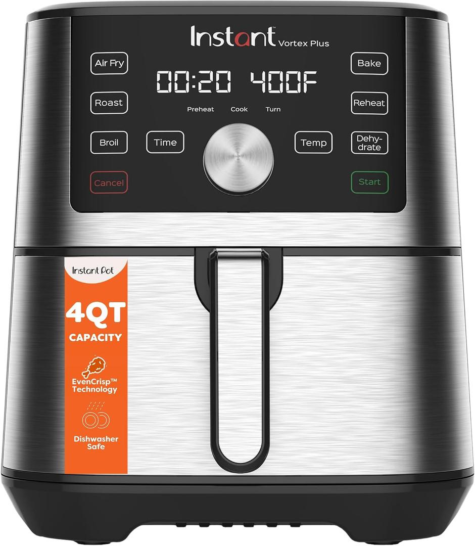Instant Pot 4QT Vortex Plus 6-in-1 Mini Air Fryer, Custom Program Options, Crisps, Broils, Roasts, Dehydrates, Bakes, Reheats, 100+ In-App Recipes, Stainless Steel,4 Quarts