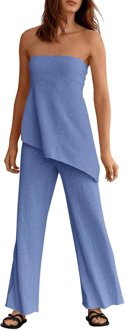 Tankaneo Womens 2 Piece Outfits Asymmetrical Tube Top Wide Leg Pants Knit Vacation Travel 2025 Matching Lounge Sets (XX-Large, Blue)