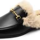 DREAM PAIRS Mules for Women Flats Comfortable Buckle Mules Slip on Slides Backless Loafers Shoes (7, Black-fur)