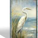Heron Wooden Framed Wall Art: Coastal Beach Picture Sea Bird Painting Large Blue Seascape Artwork Ocean Seashore Prints for Bathroom Bedroom Living Room (36L" x 24W")