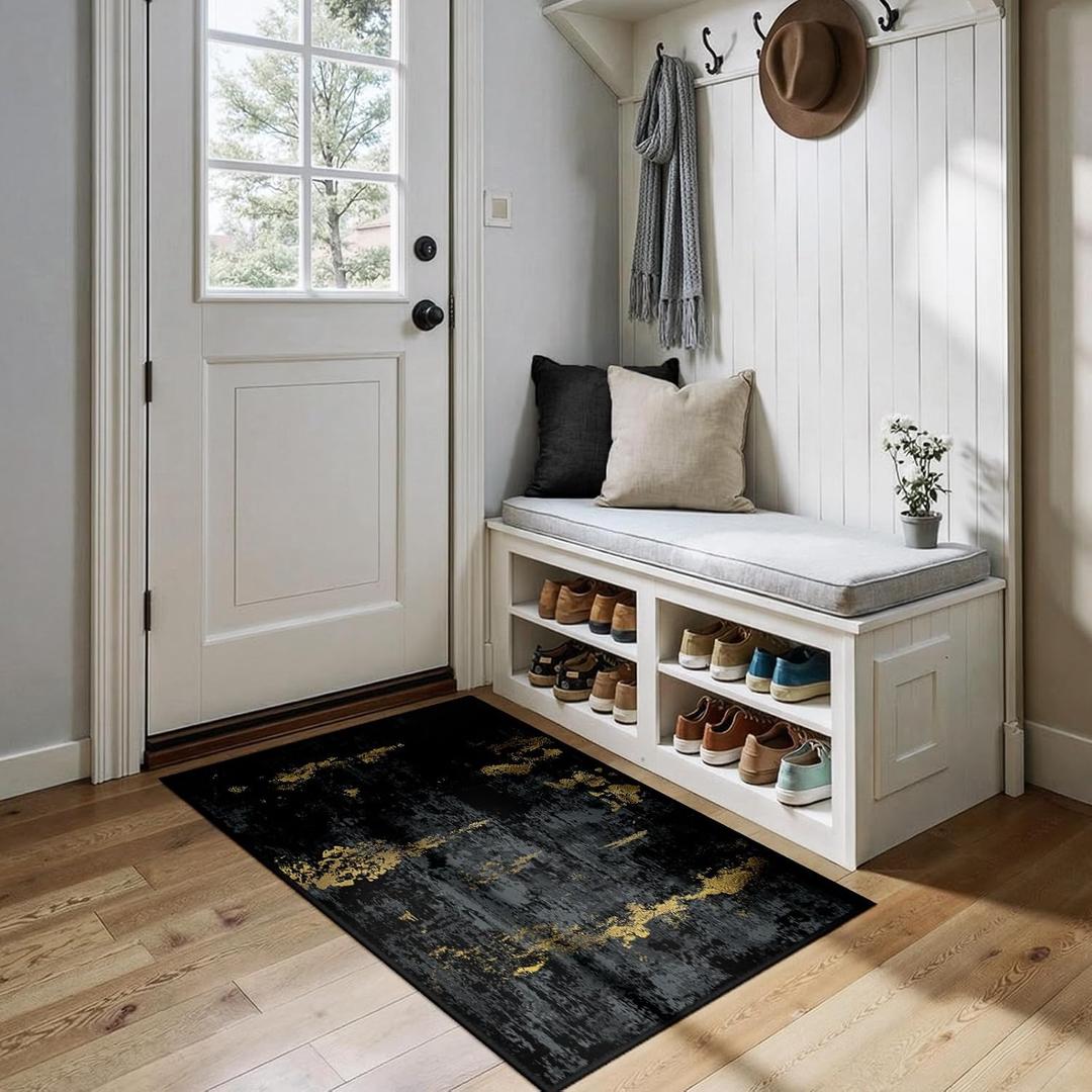 Washable Area Rugs 2'x4' Non-Slip Modern Abstract Soft for Living Room Entryway Bedroom Nursery, Print Pattern, Dark Black Gold