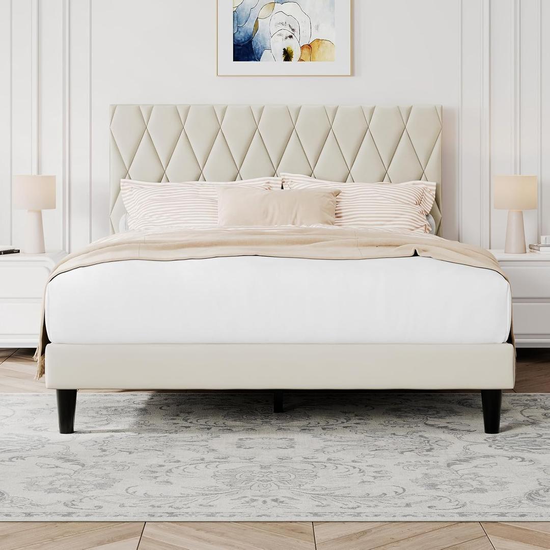 King Platform Bed Frame with Storage Space, Fabric Upholstered Headboard, Fully Upholstered Mattress Foundation, No Box Spring Needed, Noise-Free, Easy Assembly, Beige (Beige [diamond Version])