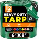 6x8 FT Heavy Duty Polyethylene Tarp 12 Mil Waterproof, Reinforced Corners & Rust-Proof Grommets, Multipurpose Outdoor Cover for Truck/Wood/Equipment