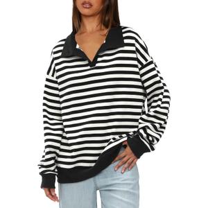 Darong Womens Oversized Contrast Striped Long Sleeve Collared Sweatshirts Casual Cotton Pullover Sweatshirt Fall Cloth, Small