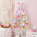 Easter Tree Decorations and Ornaments Set, Large Bunny Ear & Pink Bow Topper, LED Lights, Ribbon - Hanging Egg, Rabbit, Gnome & Carrot Wooden Decor for Home, Party, Table, Outdoor & Classroom