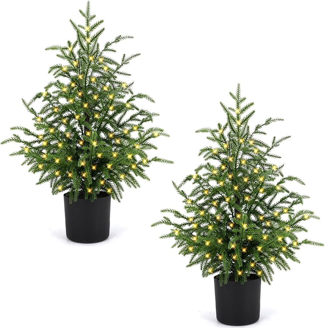 2FT Artificial Norfolk Pine Christmas Tree – Tabletop Faux Tree Unlit/Prelit with 50 LED Lights & 8-Function Battery Box, Pre-Assembled Holiday Decor for Home or Office (Prelit-2FT-2Pack)