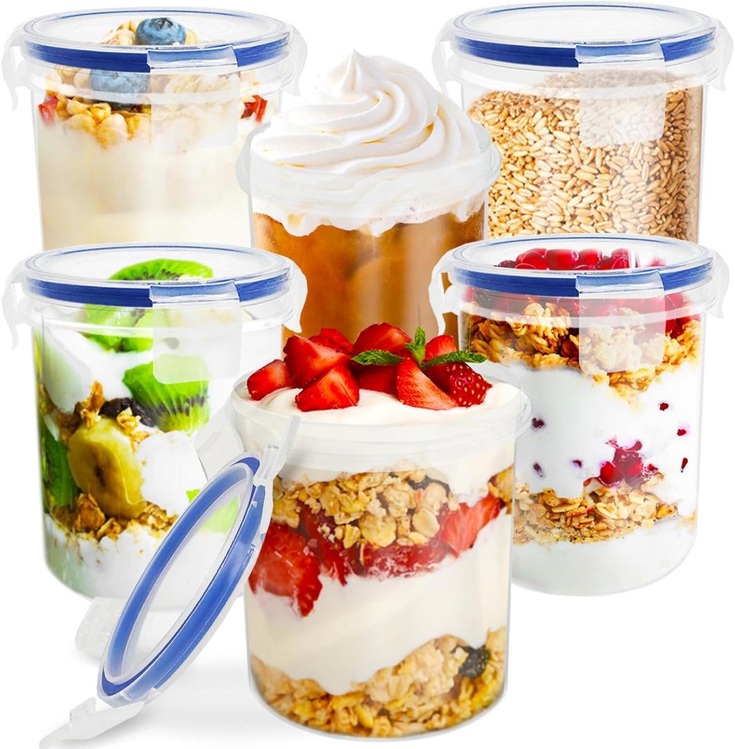Qiuttnqn 6 Pack Overnight Oats Containers with Lids,16 oz Plastic Leak Proof Oatmeal Container,Portable Food Storage Container,Reusable Oats Cereal Yogurt Milk Meal Prep Jars (Blue)