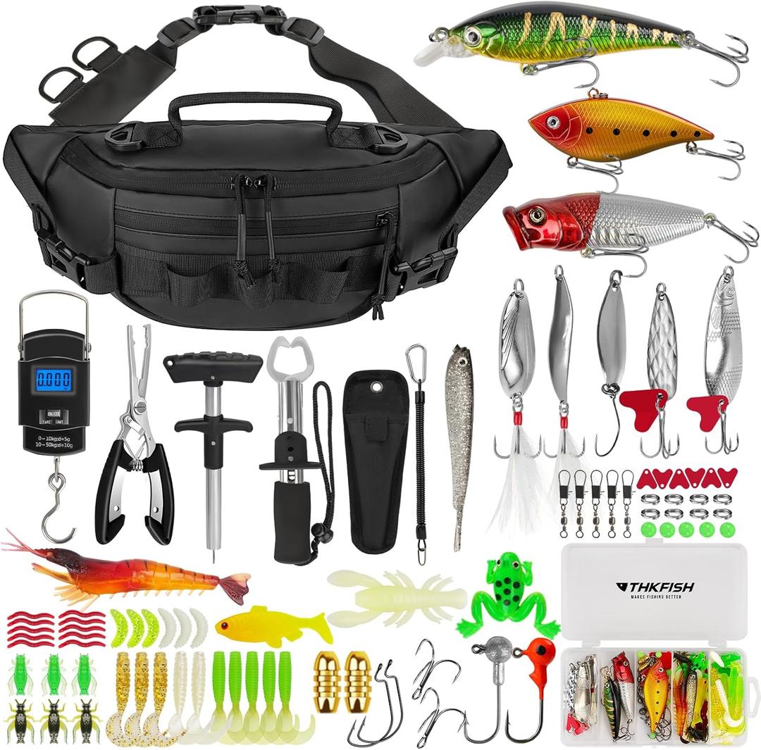 THKFISH Fishing Waist Pack Bag with Tackle Box, Small Fishing Sling Fanny Pack with Lure Kit, Fish Pliers Kit, Lip Gripper, Weigh Scale (Black)